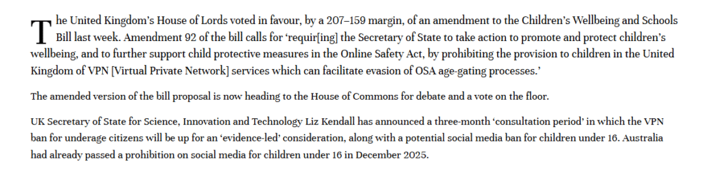 UK House of Lords vote on Amendment 92 VPN restrictions and age verification