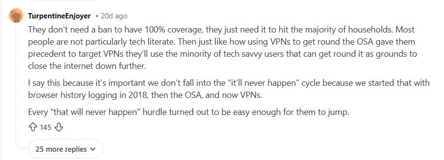 Reddit user reaction and analysis of long-term UK VPN restrictions.