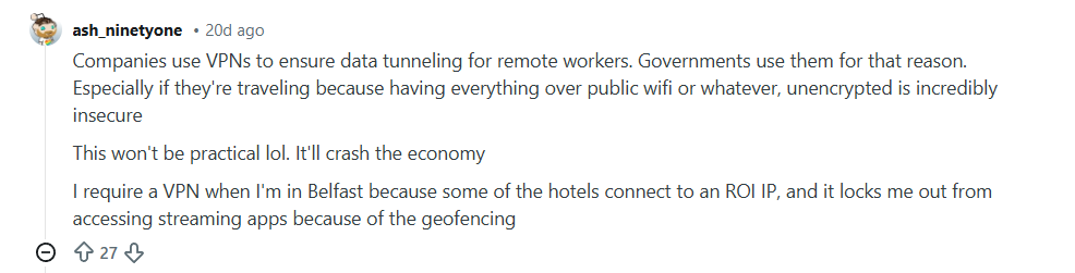 User consensus on impracticality of UK banning VPNs for remote work security.